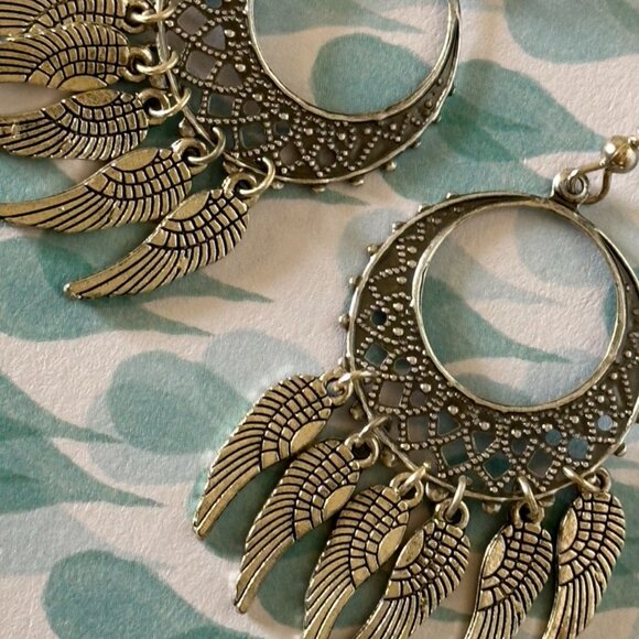 NEW Handmade- Feathered Hoop - Dangle Earrings in Antique Silver Tones - Picture 3 of 10